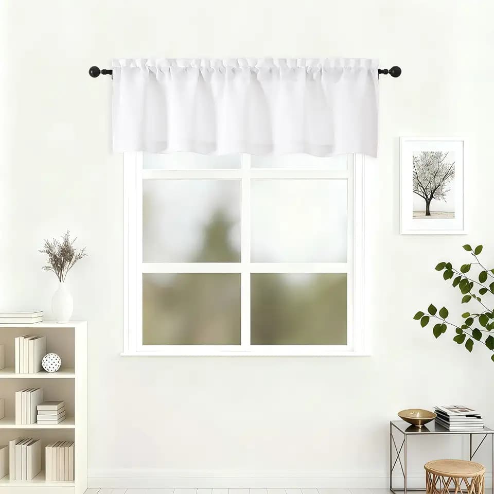 Lecloud White Valances for Windows 14 Inch Length, Soft Rod Pocket Light Filtering Short Kitchen Curtains, Faux Linen Textured Bathroom Window Curtain Drapes for Cafe Basement, 52" W x 14" L 1 Panel