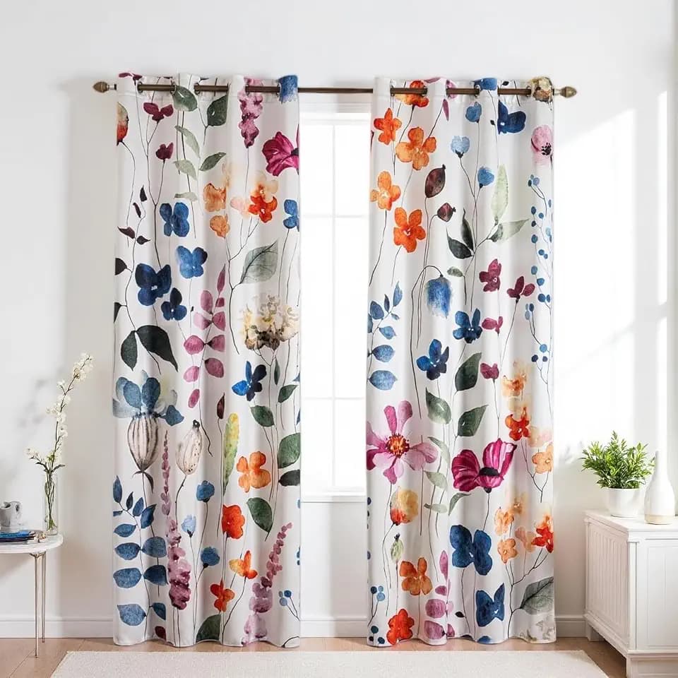 Floral 100% Blackout Curtains 63 inches Long 2 Panels Set, Watercolor Multicolor Flowers Botanical Pattern Black Out Darkening Curtain Thermal Insulated Window Drapes for Bedroom Living Room 52x63