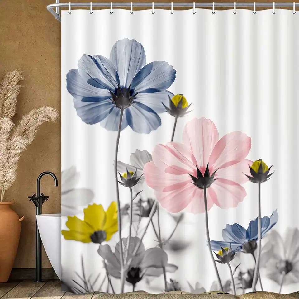 MERCHR Unique Floral Colorful Shower Curtain for Bathroom Decor, Blue Pink Gray Daisy Flower Elegant Wildflower Design Farmhouse Shower Curtains with Hooks Set, 71 X 71 Inches