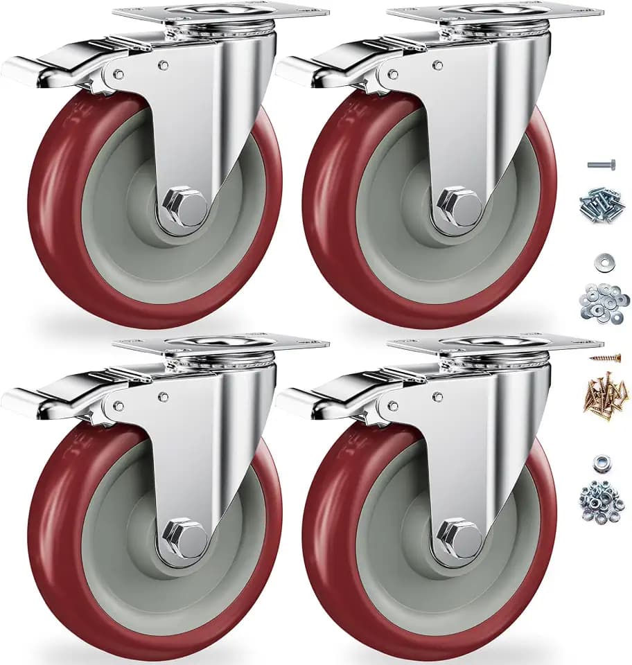 5" Heavy Duty Plate Casters with Brake, Set of 4