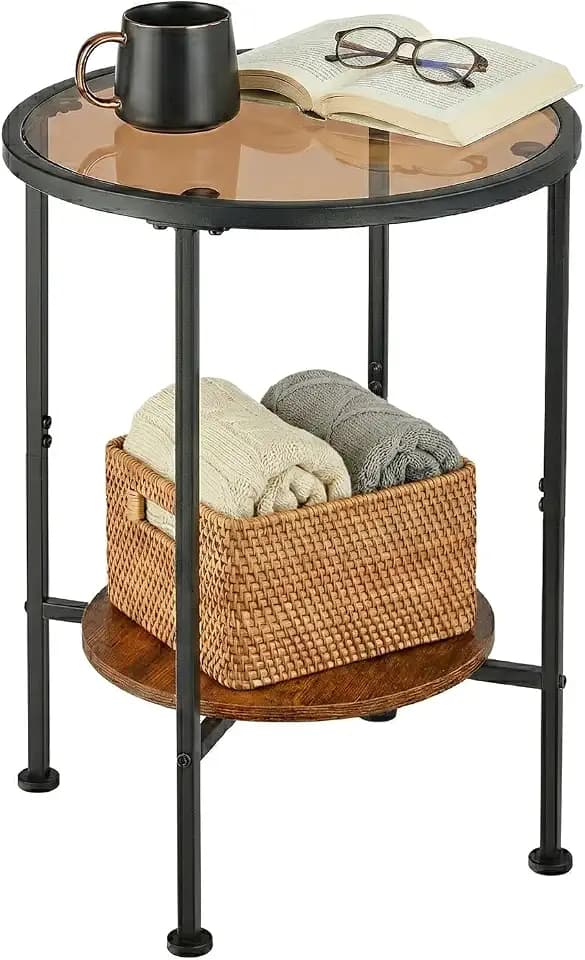 Round Side Table, Tempered Amber Glass Top, Black Metal Frame