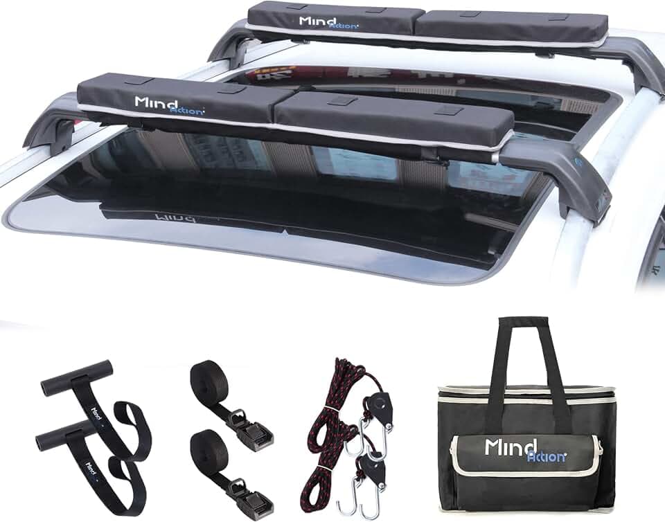 Universal Car Soft Roof Rack for Kayak/Canoe/Surfboard/SUP/Snowboard,Roof Rack Pads Carrier System Include 2 16FT Tie Down Straps,2 Ratchet Pulley Ropes,2 Hood Loops and Storage Bag (with Crossbar)