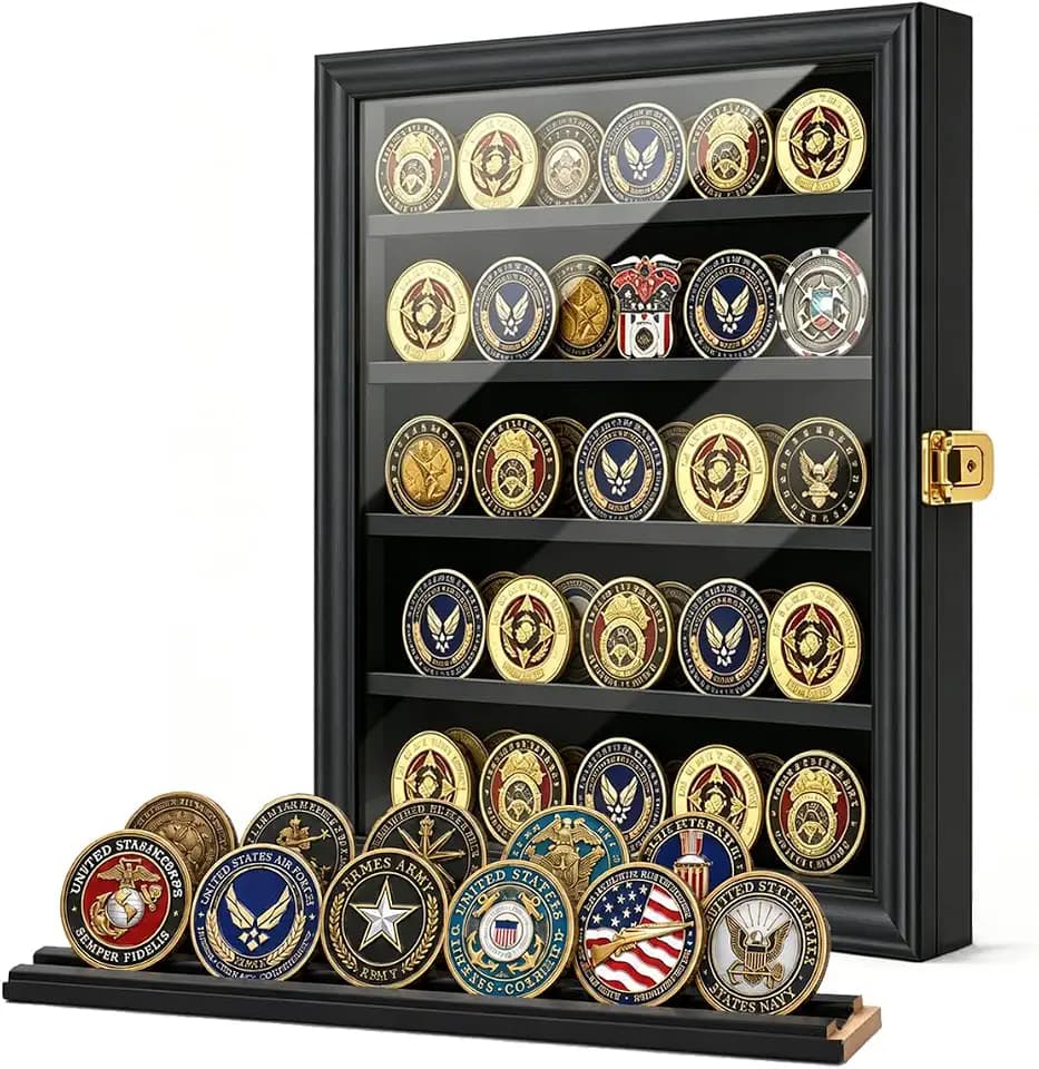 Jinchuan Military Challenge Coin Display Case Lockable Cabinet Rack Holder Shadow Box with Removable 2 Grooves Shelves and Anti Dust Door for Casino Poker Chips Collectibles, Small - Black
