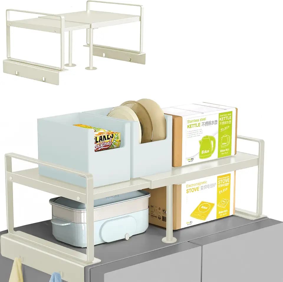 Adjustable Fridge Top Storage Rack,20.8"-36.6" Expandable Organizer Shelf, Anti-Slip,L-Shaped Design,Space Saver for Kitchen,Laundry,Dorm(Beige) (Beige, top shelf20.8-36.6")
