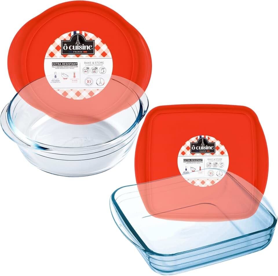 Ôcuisine Borosilicate Casserole Dish with Lid Set, Square + Round