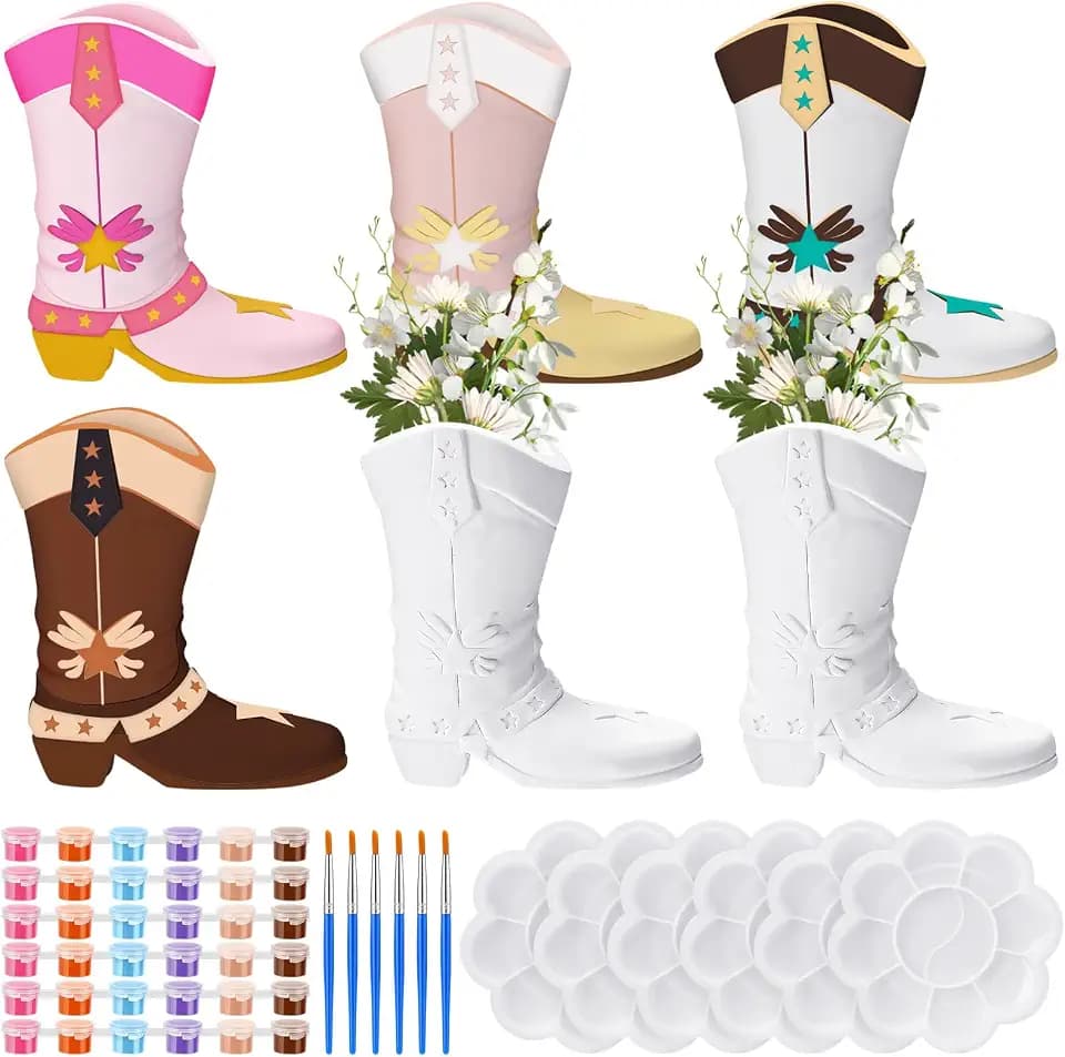 Affrolling 6 Set Cowboy Boot Vase Ceramics to Paint Ready to Paint Your Own Ceramic Cowgirl Hat Vase DIY Unpainted Plaster Paintable Kit Crafts with Brush Palette for Adults(Western Boots)