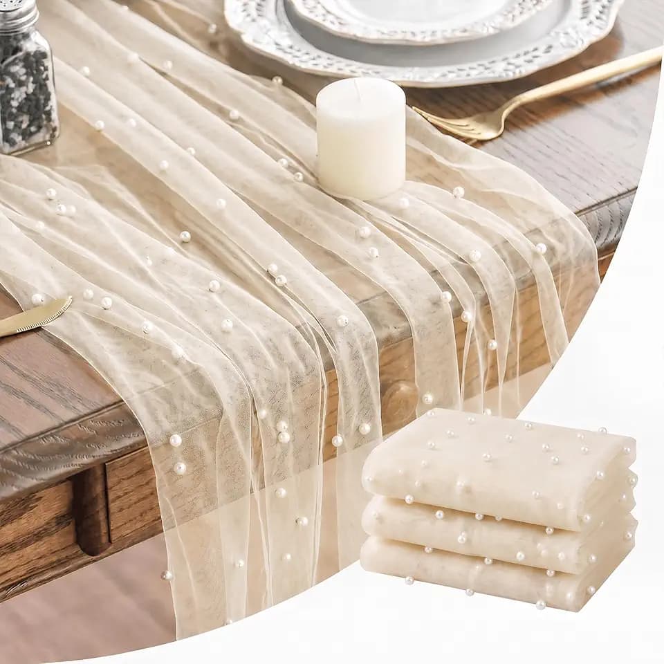 Artoid Mode 3-Pack Pearl Beige Gauze Table Runner 10FT Home Decor