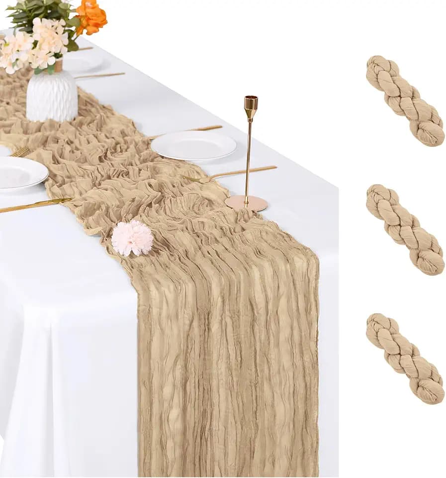 3 Pack Beige Cheesecloth Table Runner, 17 x 108 inch, Semi Sheer Boho Cheese Cloth Fabric Table Runner Bulk for Wedding, Birthday, Party, Holiday, Home Decor (Beige)