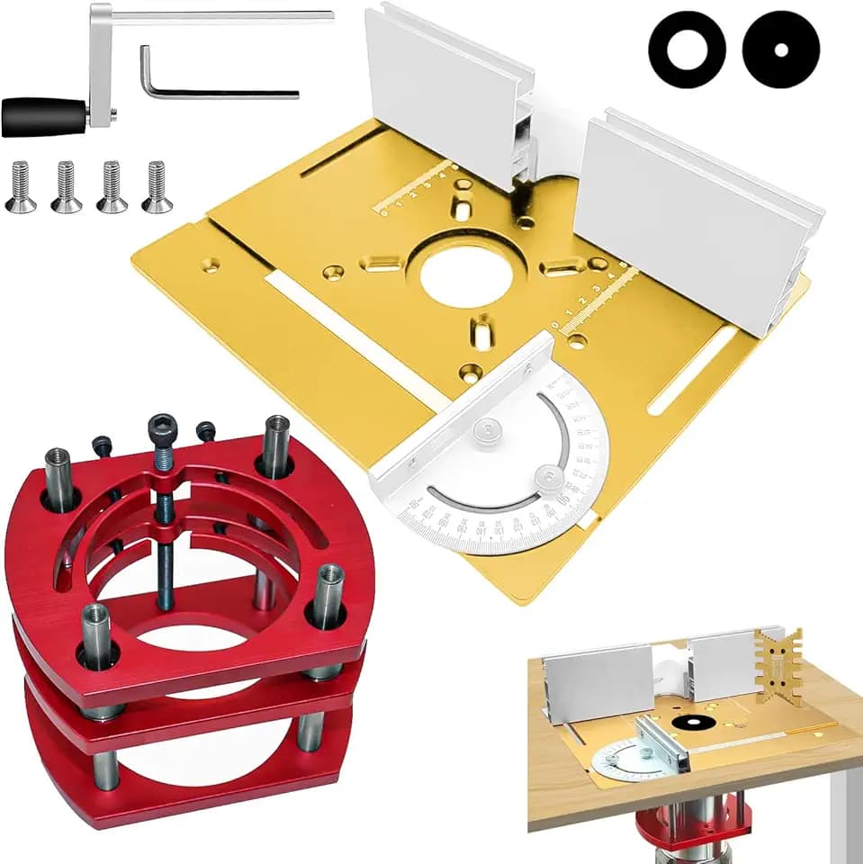 Frästisch für Oberfräse Einlegeplatte Set, OberfräSentisch und Tischfräsmaschine, Router Table, Planfräsvorrichtung, Maximum Lift 51mm, TischfräSe zum Nuten Zapfenschneiden BesäUmen(Gold+Rot)