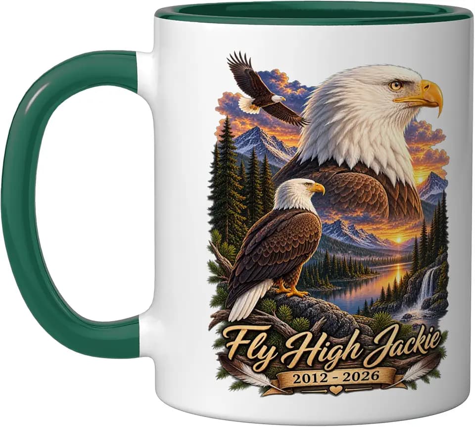 Fly High Jackie, Jackie and Shadow Bald Eagle Ceramic Mug, Dark Green/White, 11oz