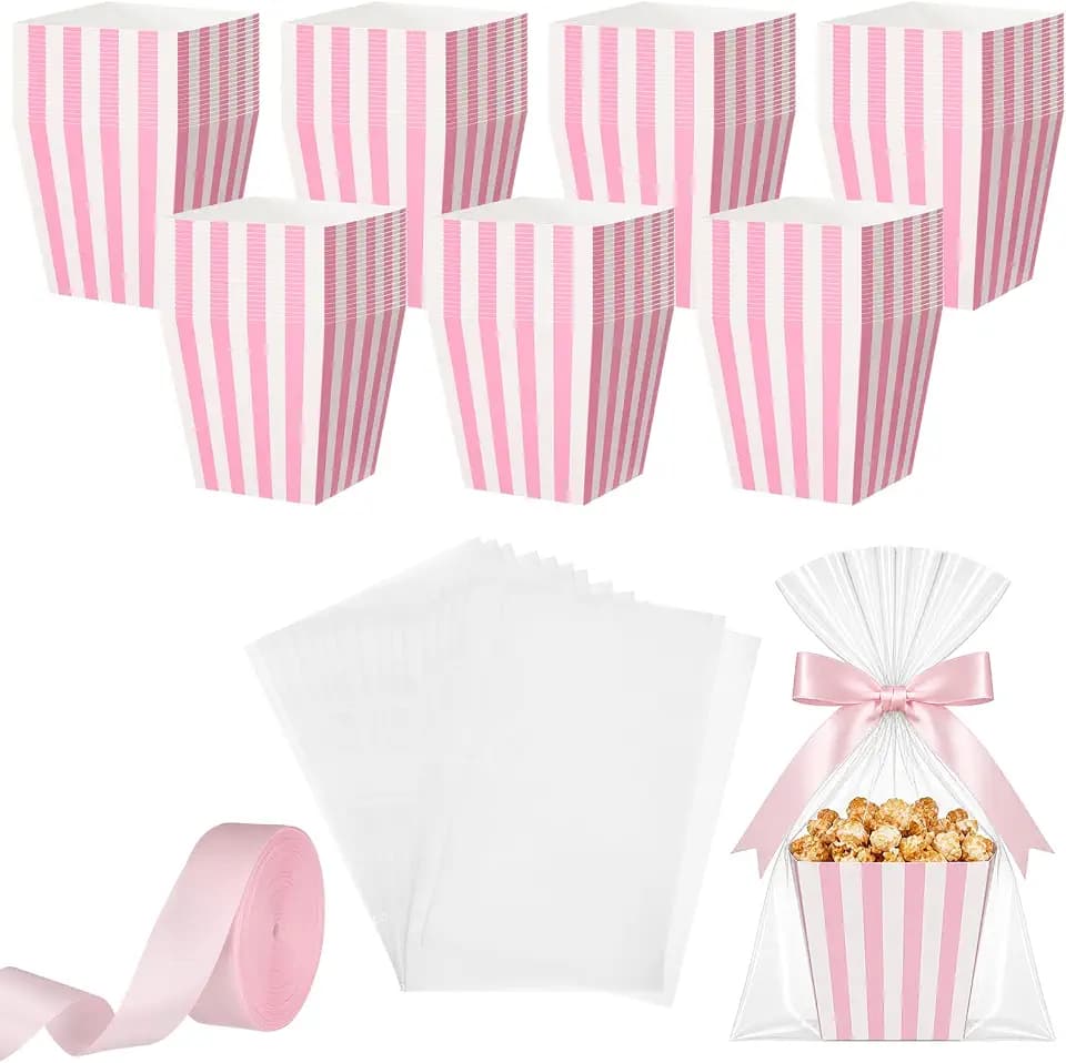 Pajean 24 Set Carnival Striped Popcorn Boxes with Gift Bags & Ribbon, Pink