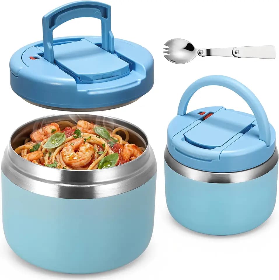 MAXSO 14oz Vacuum Insulated Food Jar with Spoon Buckle Lid, Kids Soup Thermo for Hot Food Wide Mouth Leakproof Stainless Steel Lunch Container - Sky Blue