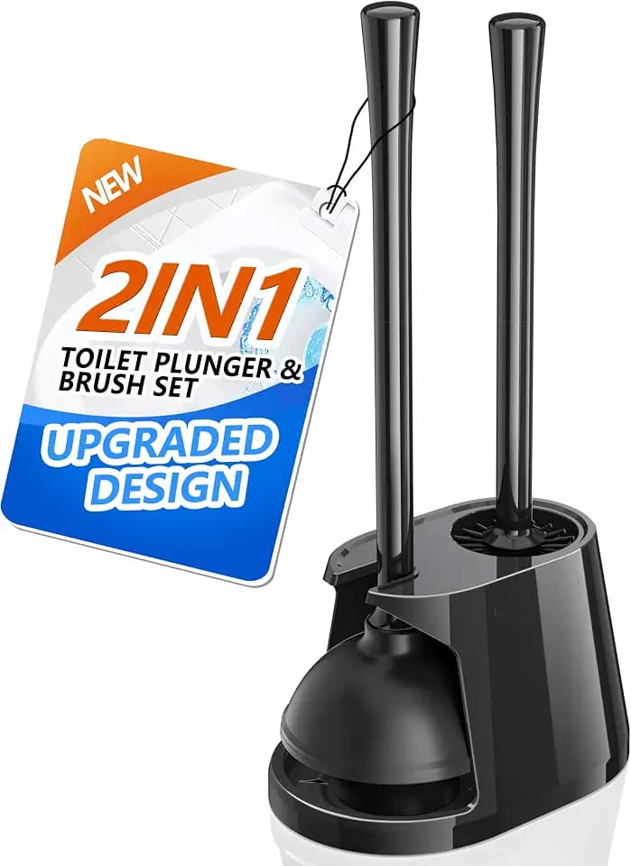 Toilet Plunger and Brush Set, Bowl Brush and Heavy Duty Toilet Plunger with Ventilated Holder, 2-in-1 Toilet Brush and Plunger Combo for Bathroom Deeply Cleaning(Black)