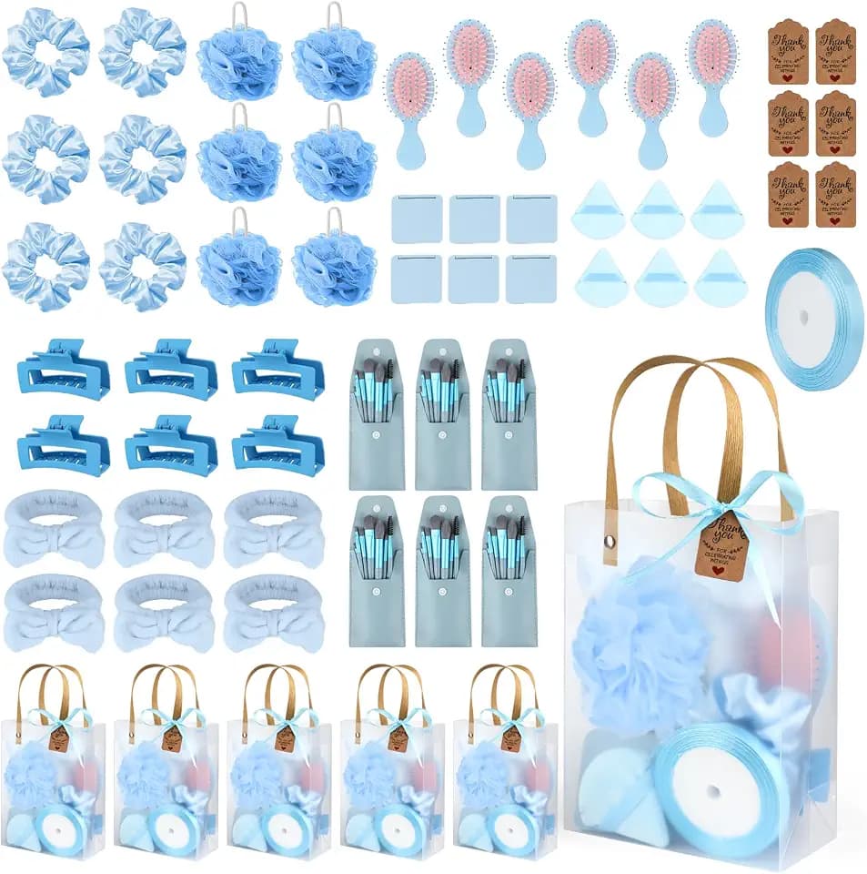 OINETRK 109pcs Baby Shower Prizes for Winners Gifts Baby Shower Favors including Headband Hair Brush Compact Mirror Bath Sponges Powder Puff Hair Tie Claw Makeup Brushes Gift Bag Bridal Shower(Blue)