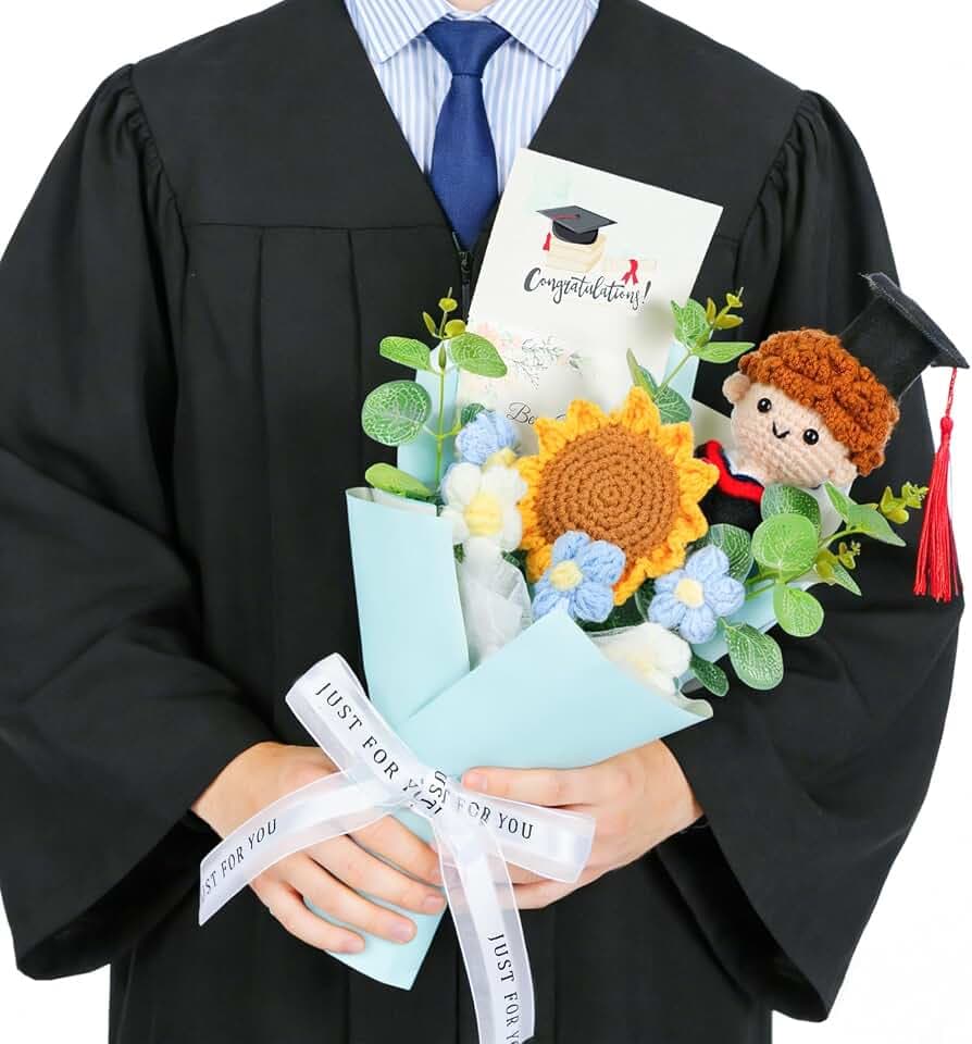 Lebaley Graduation Gifts Crochet Flower Bouquet,Handmade Knit Flowers Bouquet,Sunflower and Daisy Graduation Bouquet for Women, Girls,Teacher,College,High School Graduate, Masters Degree Gift (Boy)
