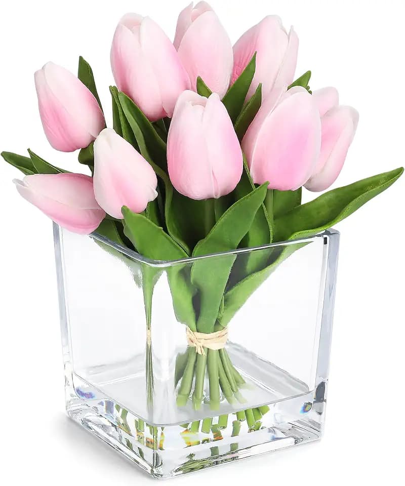 Garvee Pink Tulip Artificial Flowers with Glass Vase, Silk Faux Tulip Flower Arrangement with Faux Water, Fake Flowers in Vase for Table Centerpieces, Shelf Bathroom Decor, Home & Wedding Decoration