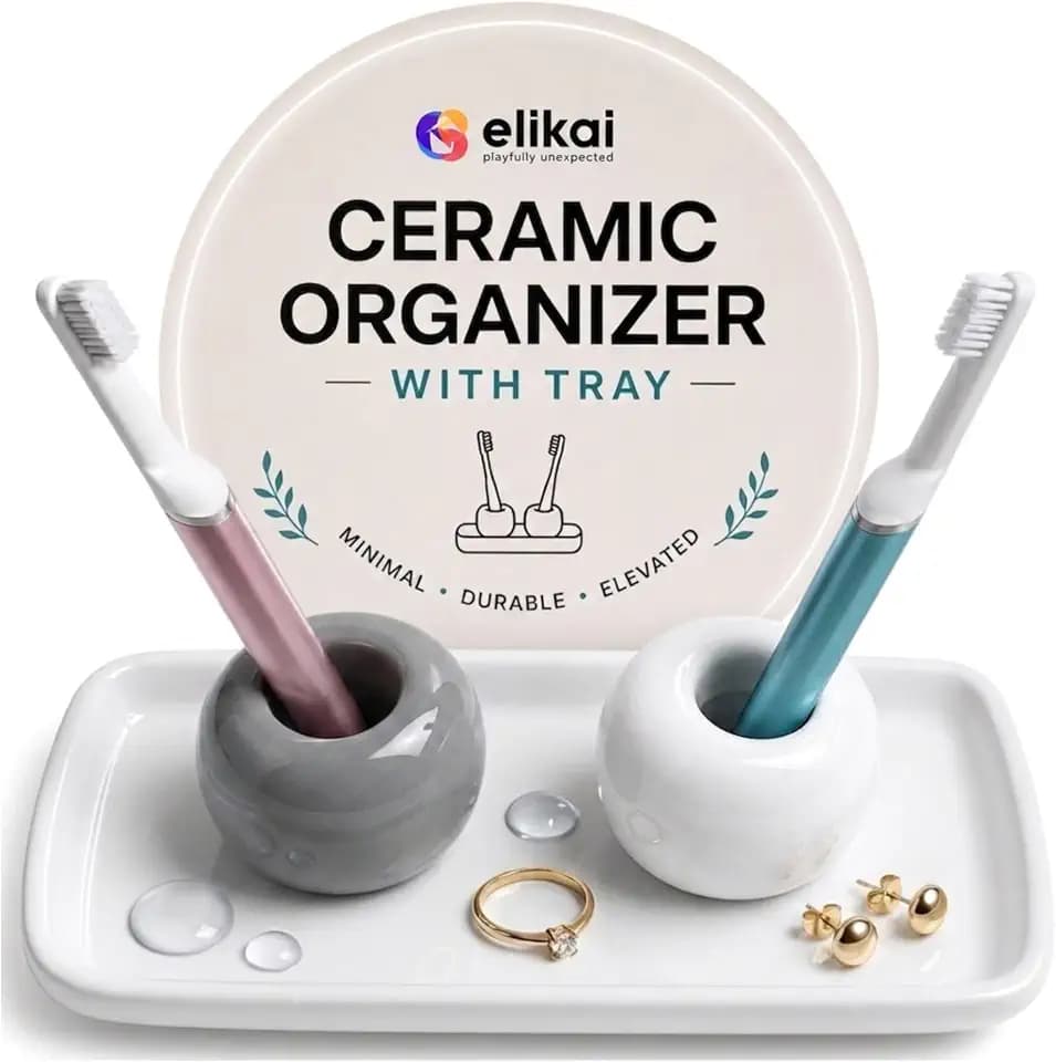 ELIKAI Ceramic Toothbrush Holders with Bathroom Tray, Countertop Organizer for Toothbrushes and Accessories, Hygienic Individual Holder Set (Grey & White, 2 Holders)