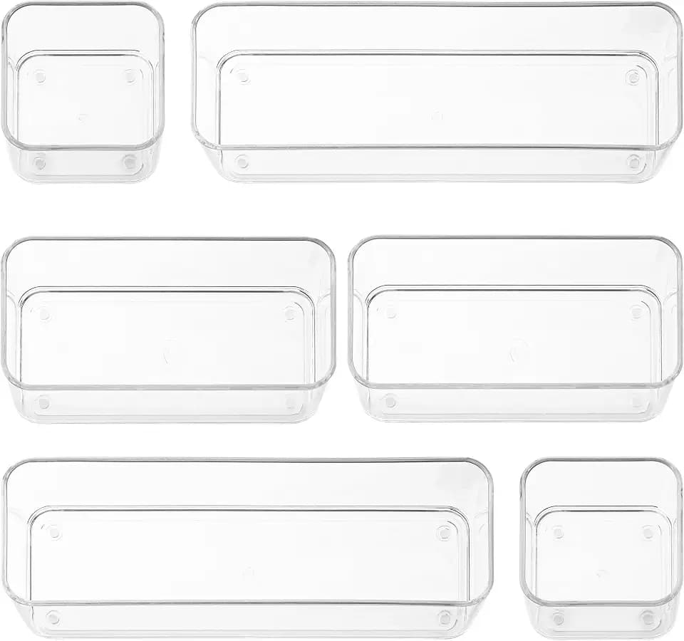 primebox Six Pieces - Clear Plastic Drawer Organizer Bins - Stackable, Non-Slip, 3 Sizes