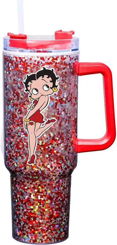 Spoontiques Betty Boop 40oz Glitter Acrylic Travel Mug - Double Wall Acrylic with Sliding Lock Travel Lid and Straw - 11" Tall