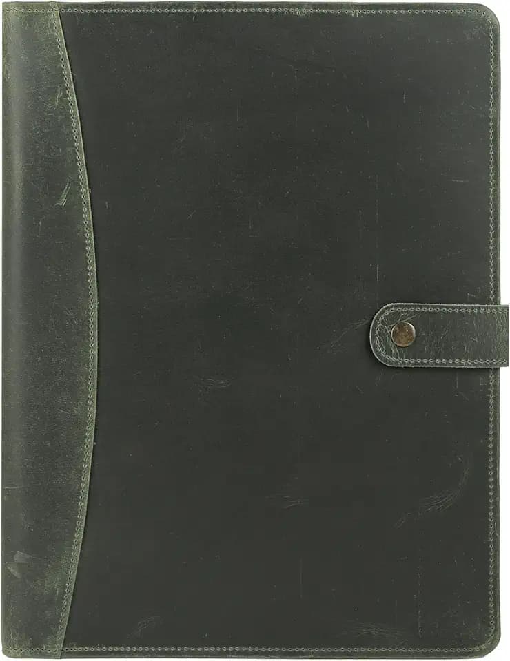 KomalC Leather Portfolio Folder with Button Closure | Business Padfolio for Professionals | Vintage Organizer with Legal Pad Holder, Card Slots & Document Pockets (Green)