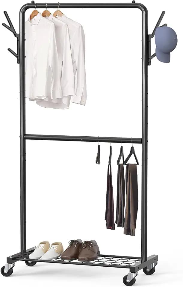 Simple Houseware Double Rod Clothes Rack with Wheels, Hooks & Shelf, Black