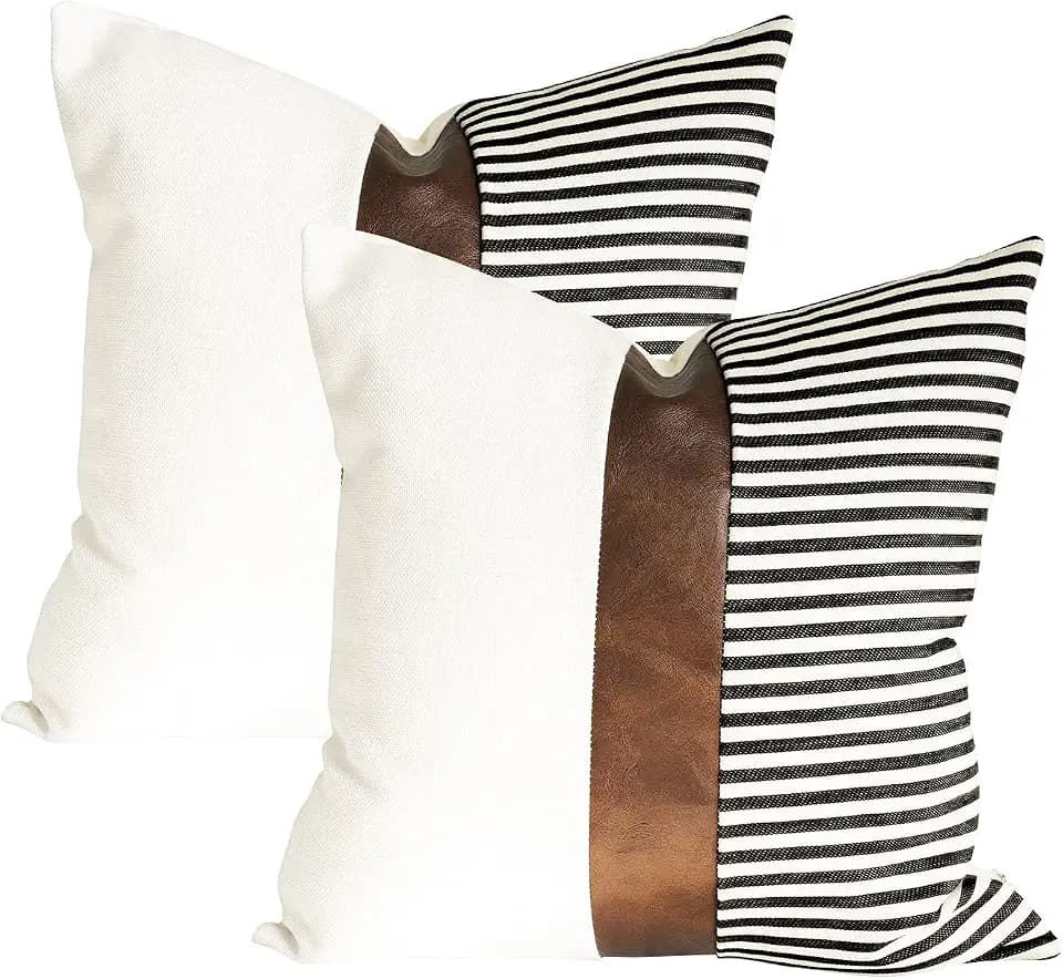 Farmhouse Throw Pillow Covers Stripe Patchwork Linen Modern Tan Faux Leather Decor, Boho Accent Pillow Covers for Couch Sofa Bed Car Set of 2(20x20, Black)