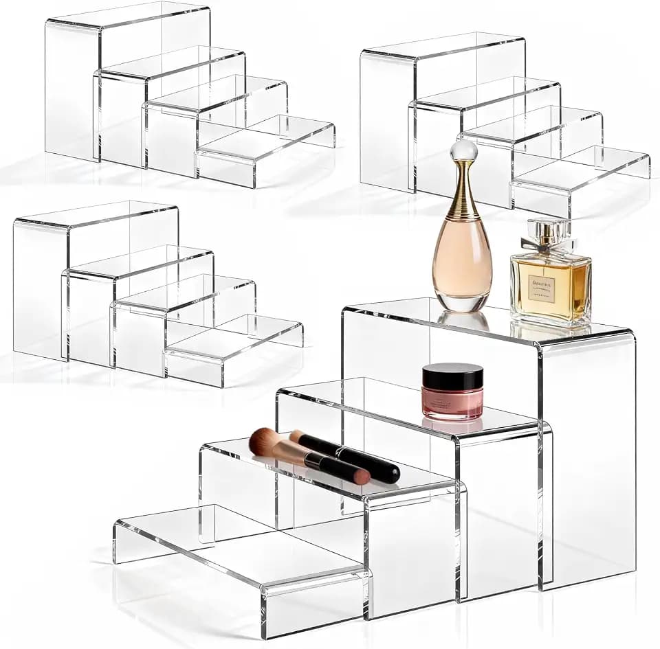 16 Pcs 4 Set Acrylic Risers 4 Sizes(7" L~9" L) Riser Display Shelf Cupcake Stand Display Cabinet Clear Rectangular Display Stands Set for Figures, Jewelry, Perfume, Dessert Table Display