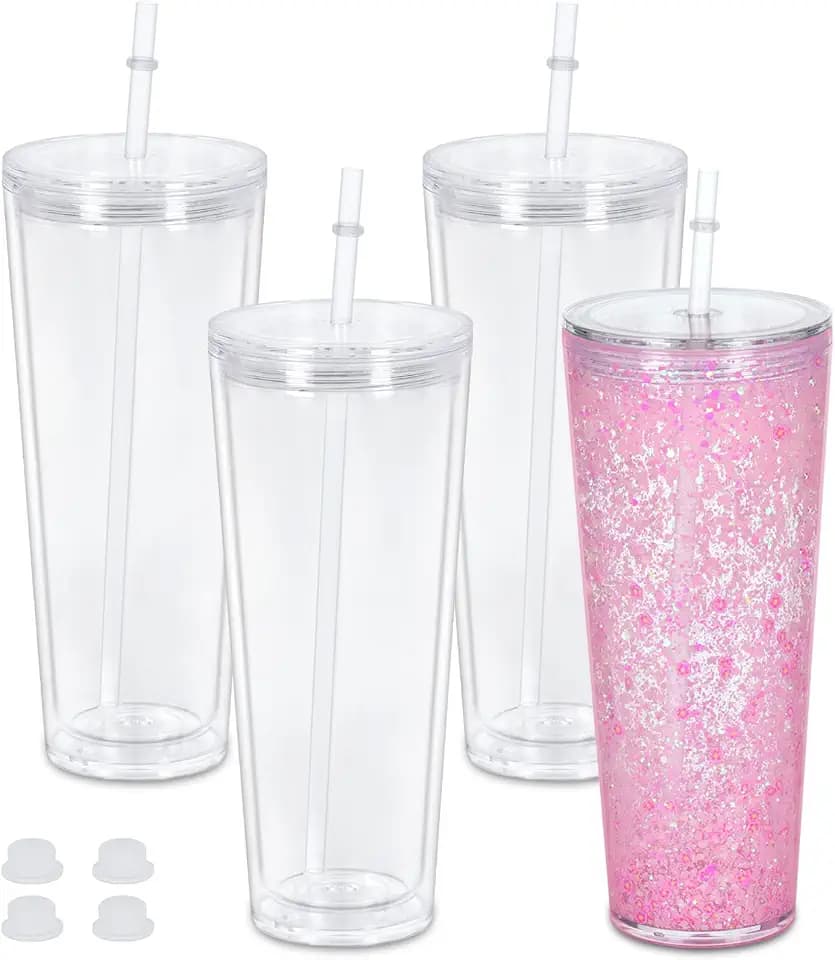 24 Oz Acrylic Snowglobe Tumbler, 4 Pack Pre-Drilled Double Wall Acrylic Clear Cup For Glitter Snow Globe Diy, Double Wall Snowglobe Cup