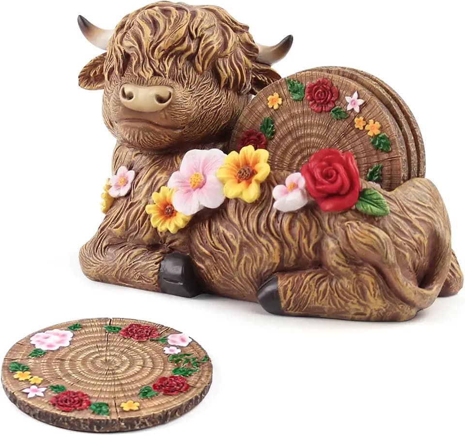 Cute Coasters Set, 4 Drink Coasters with Highland Cow Holder