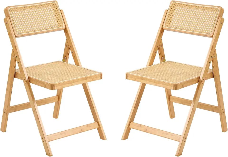 Furlide Rattan Folding Chairs Set of 2, Bamboo Dining Chairs, Wood