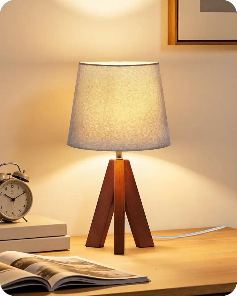 Tripod Table Lamp, 14.6" Small Bedside Lamp with Gray Linen Shade & Dark Wood Base, Modern Nightstand Lamp for Bedroom, Kids Room, Living Room, Nursery, Office, E26 Socket, LH51TL05