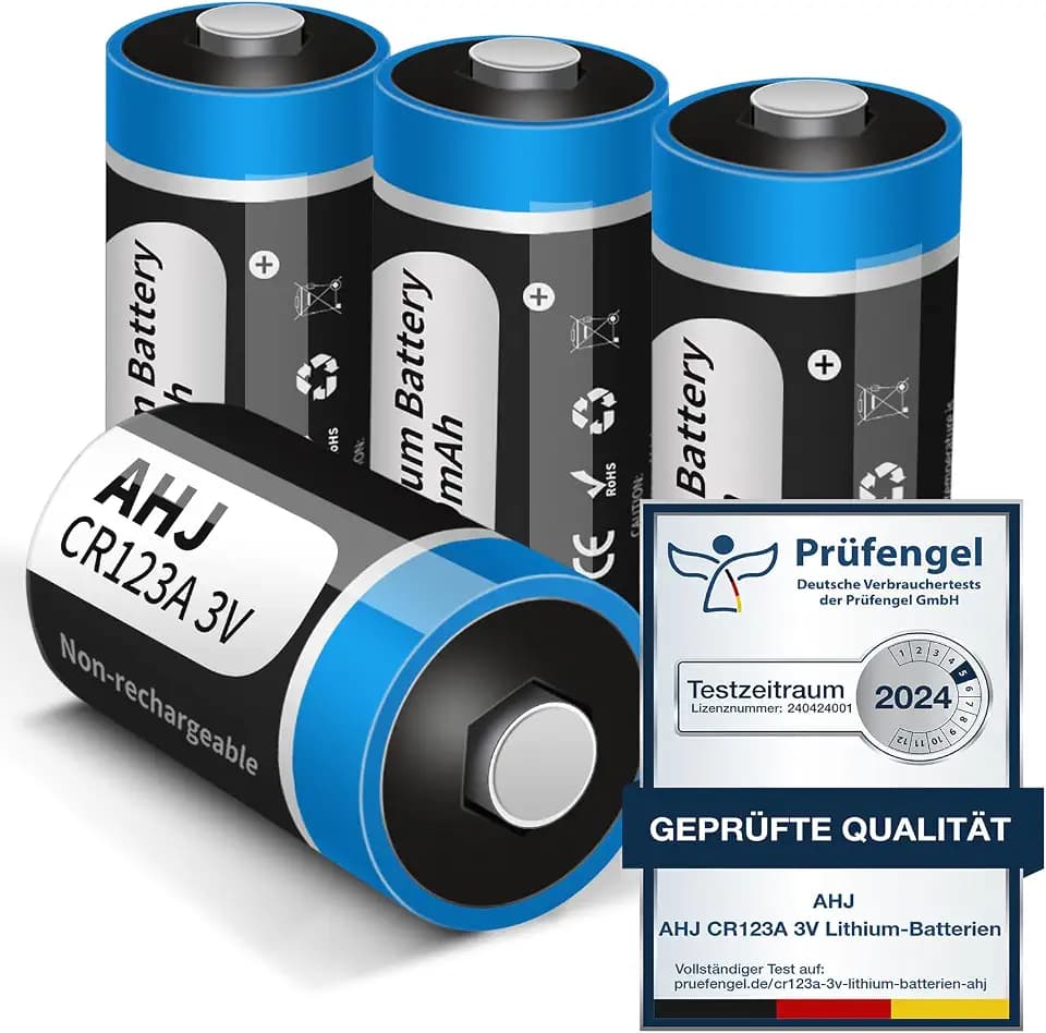 AHJ CR123A 3V Lithium-Batterien (4 Stück Einwegbatterie 1600mAh), CR123 / CR123A / CR17345, Ideal für Garagentoröffner, Alarmanlage, Miniradio, Funkauslöser, Messgeräte, Nicht für Arlo