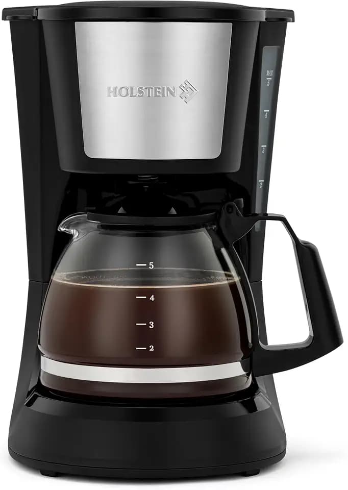 Holstein Housewares 5 Cup Drip Coffee Maker – Compact and User-Friendly with Auto Pause & Serve, Reusable Filter, Measuring Spoon & Glass Carafe, Office & Dorm Use, Black