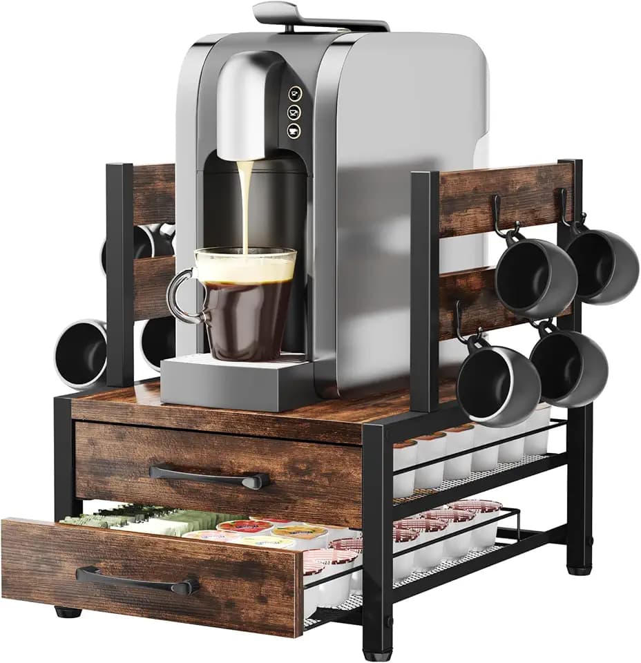 Homsorout K Cup Holder Drawer - K Cup Storage Organizer, Coffee Pod Drawer with Hooks, Durable Iron-Wood Design, Space-Saving Coffee Station Organizer for Kitchen Counter