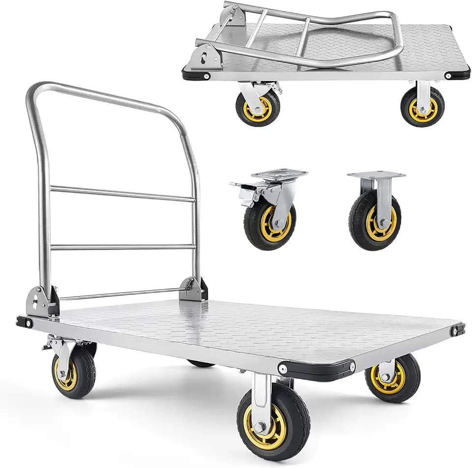 VEVOR Heavy Duty Platform Truck, 2000 LBS Steel Large Flatbed Cart with 360° Swivel Wheels & Brakes, Foldable Platform Hand Push Truck Dolly for Easy Storag/Groceries/Garage/Warehouse (36" X 24")