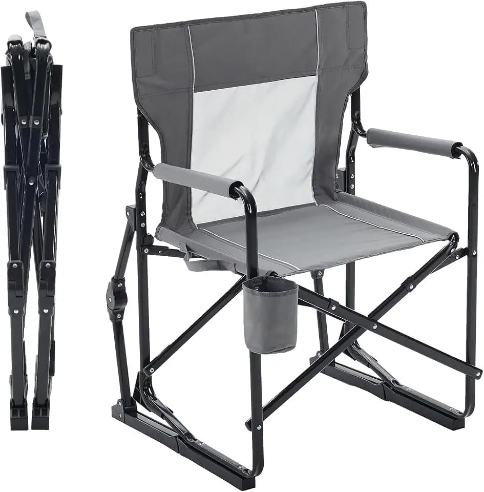 OLIXIS Outdoor Folding Rocking Camping Chair for Adults, Portable Camp Rocker with Waterproof Armrests, Sturdy Metal Frame Foldable Lawn Chair for Patio Beach Yard, Classic Grey