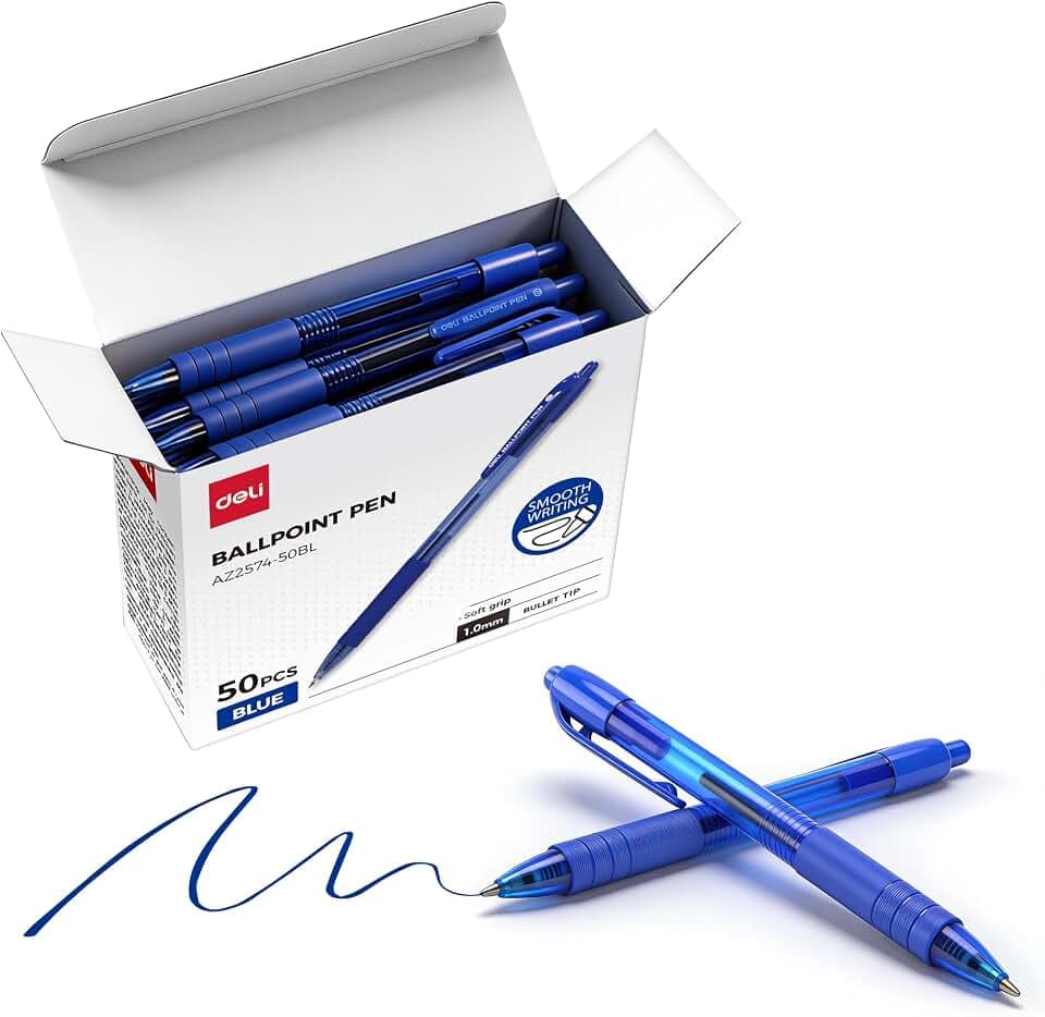 deli Pens Bulk,50 Pack Ballpoint Pens Blue Ink 1.0MM Medium Point