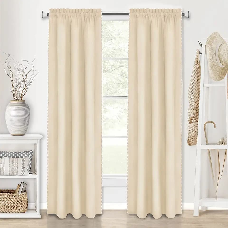 Kendal Rod Pocket Curtain Panel, 52 x 63 in, Tan/White, Machine Washable