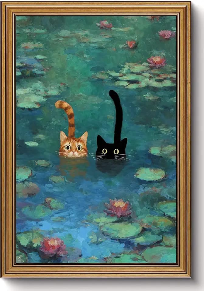 Water Lilies Cat Canvas Gold Framed Wall Art Whimsical Wall Decor