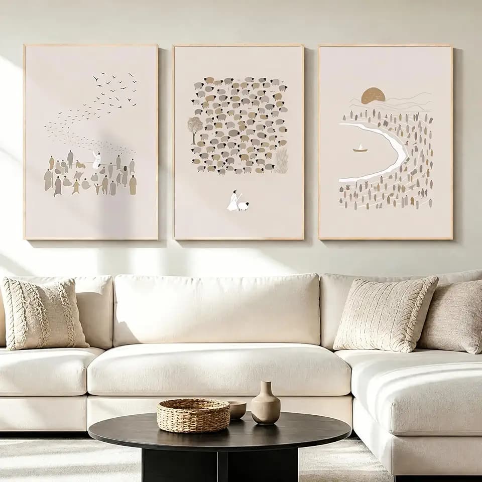 LAATOZ Large Christian Wall Art Framed Neutral Canvas Painting, Jesus Boho Artwork for Living Room Bedroom Office Hallway Stairs 24x36 Inch 3 Panels