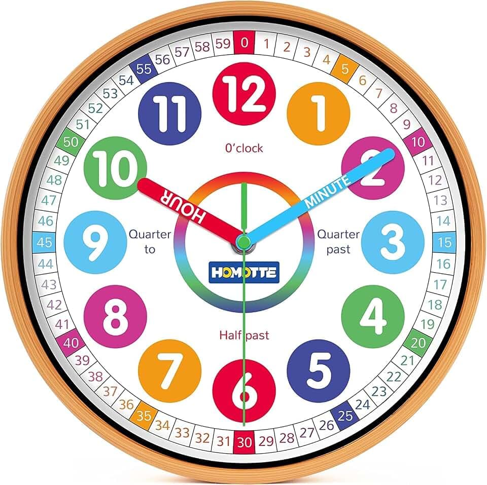 Homotte 10 Inch Kids Wall Clock, Multi-Colored Learning Clock for Kids