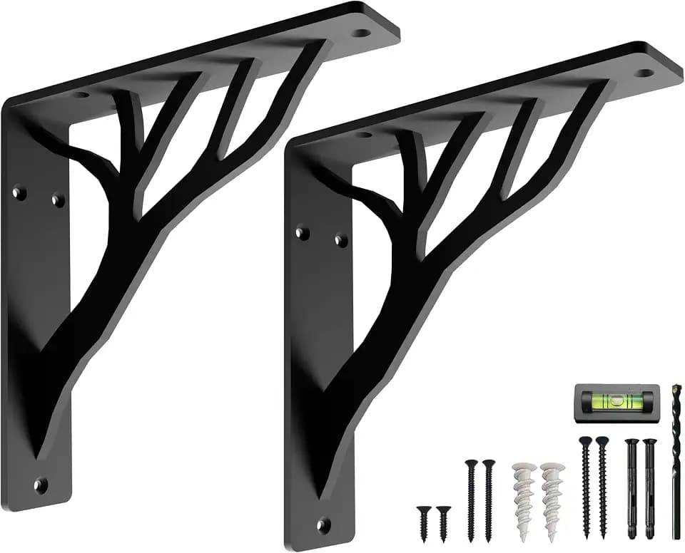 Rustic Tree Black Heavy Duty Shelf Brackets 10 inch by Balin Designs, Decorative L Brackets for Shelves, Metal Fireplace Mantel Large Shelf Bracket, Shelving Bracket, Included Hardware, Set of 2