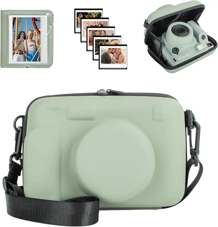 Kamera Tasche und Zubehörset Kompatibel mit Fujifilm Instax Wide 400, für Instax Wide 400/210/300, LOMO Hart-Eva-Hülle mit Fotoalbum, Rahmen und Schultergurt - Grün