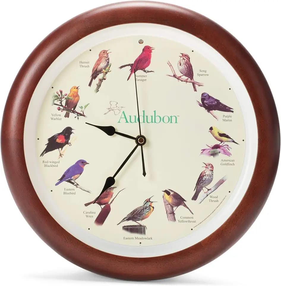 Audubon Singing Bird Wall Clock 13 In, Hourly Bird Songs, Cherry Wood