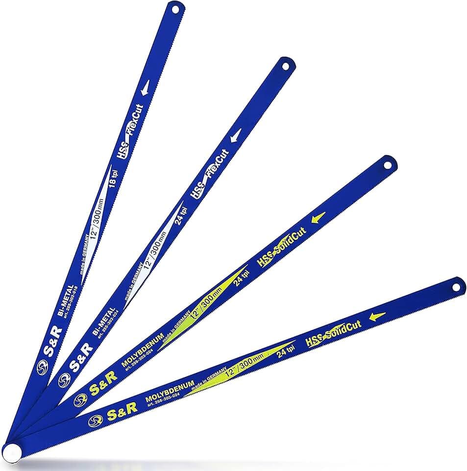 S&R Sägeblätter Set mit Hochleistungs-MOLYBDÄN-Sägeblättern/MADE IN GERMANY/für Metallsäge, Bügelsäge 12" / 300 mm, 4-tlg 2x Molybdän-Stahl 24 tpi, 1x Bi-Metall 18 tpi, 1x Bi-Metall 24 tpi