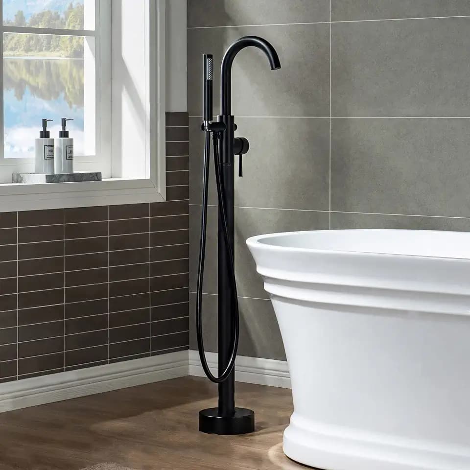 Woodbridge Contemporary Single Handle Floor Mount Freestanding Tub Filler Faucet with Hand Shower in Matte Black Finish,F0006MBRD