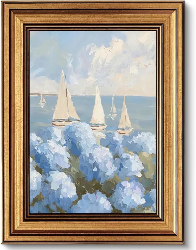Gold Framed Vintage Coastal Hydrangea Canvas Wall Art Coastal Sailboat Painting Picture Wall Decor Seaside Summer Poster Print Artwork for Bedroom Living Room Bathroom Home Decoration 12x16in