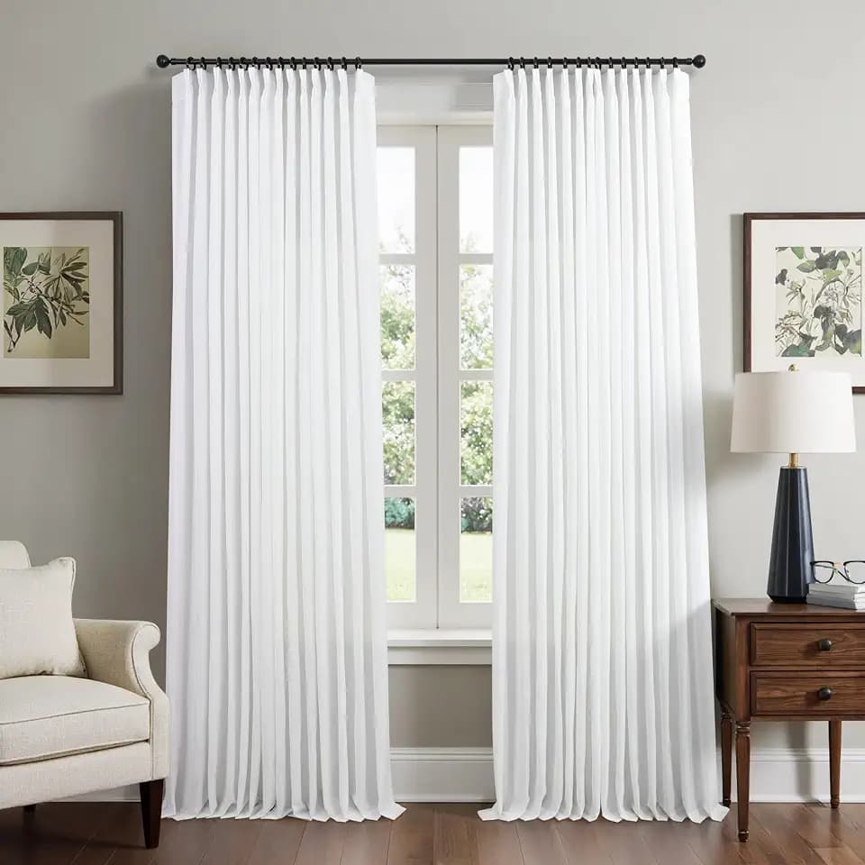 Pinch Pleated White Linen Curtains 108 Inch Long 2 Panels Set for Living Room Bedroom Back Tab Farmhouse Decor Solid Cotton Textured Light Filtering Semi Sheer Extra Long Curtain for Large Window 9 FT