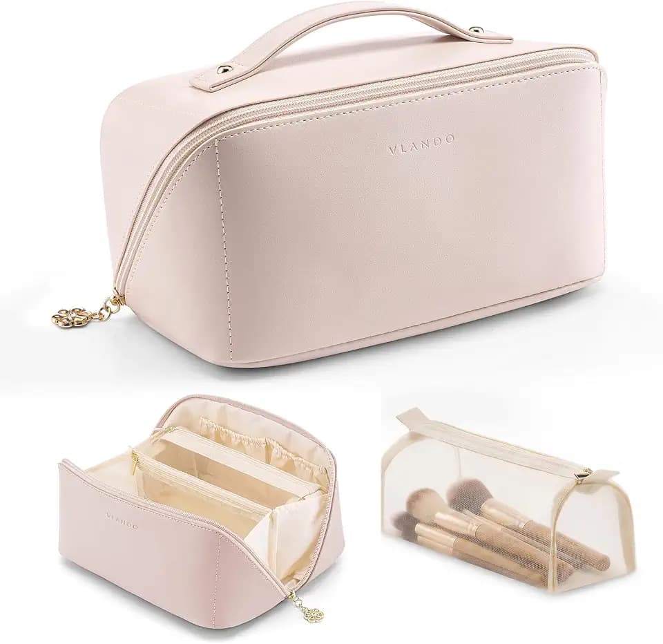 VLANDO Cosmetic Bag for Women with 180°Opening,Carry Handle,Apricot Pink