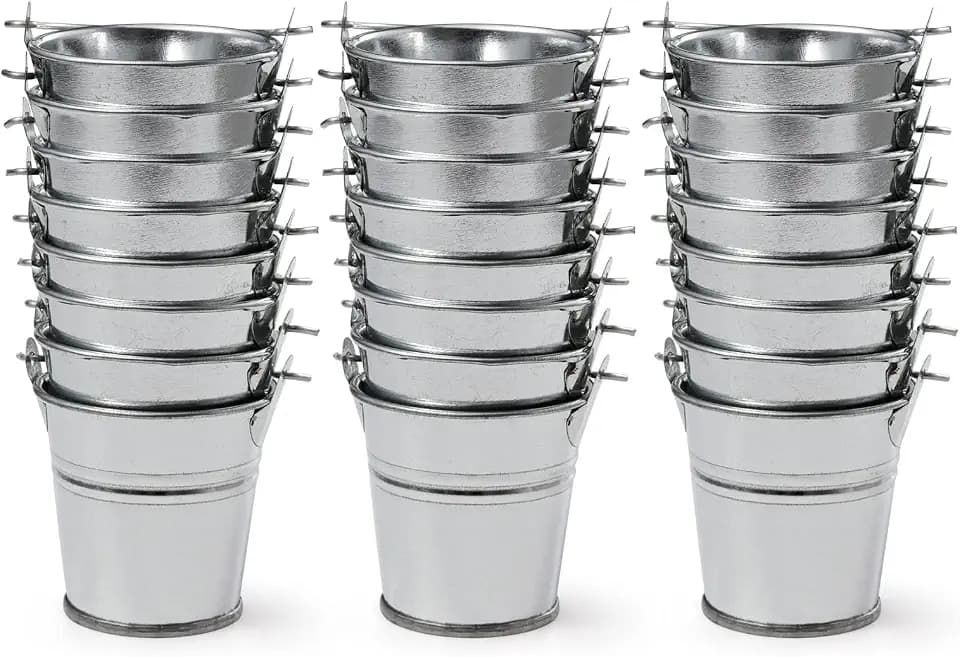 2.1" Galvanized Mini Tin Buckets – 24Pcs Silver Metal Buckets with Handle Best for Party Favors, Bridal Shower and Craft Projects (Silver, 2.1")